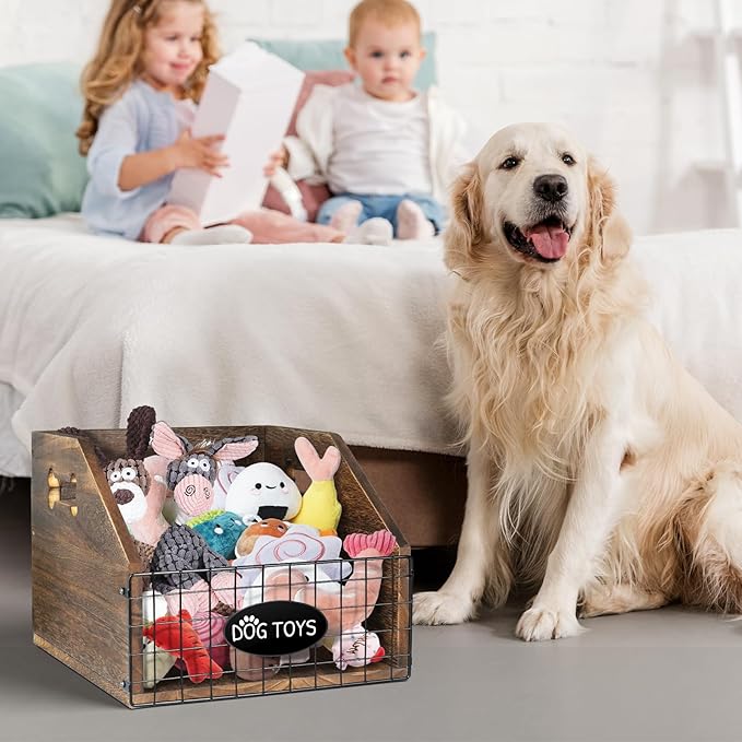 Dog Toy Bin - Large Wooden Toy Chest with Handle - Organizer for Puppy Leash, Blanket, Food, Accessories, Gift