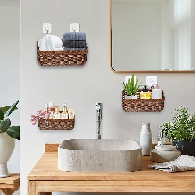 2 PCS Hanging Wall Basket,Wicker Fruit Racks,Open Storage Bins,Hand-Woven Shelf Basket,For Garlic, Ginger, Eggs, Onions,And Fruits, Kitchen And Living Room Storage Boxes(Brown-(M+L))