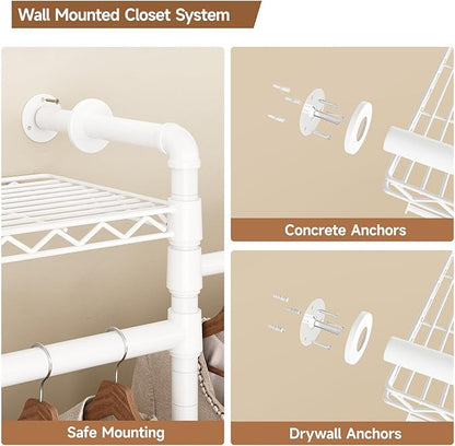 Wall Mounted Garment Rack, Industrial Pipe Metal Clothing Rack with 6 Hanging Rods (4 Expandable) & 8 Shelves, Closet Organizers and Storage System for Bedroom, Walk in Closet