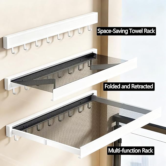 LETINE Wall Mounted Drying Rack: Retractable Indoor Clothes Drying Rack – Aluminum Alloy Frame w/Soft Mesh Surface. Laundry Rack & Temp Shelf for Balcony, Bathroom, Kitchen. with 8 Hooks (White, L)