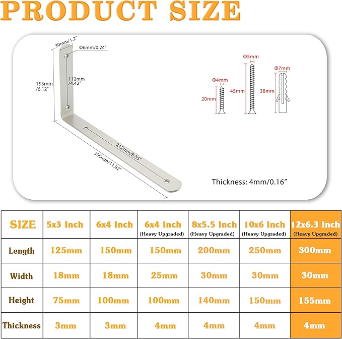 Alise Floating Shelf Brackets,L Brackets for Shelves Heavy Duty Wall Bracket Corner Brace Stainless Steel Joint Angle Brackets for Wooden Board Shelves,Brushed,12x6.3x1.2 Inch Upgraded(Pack of 4)