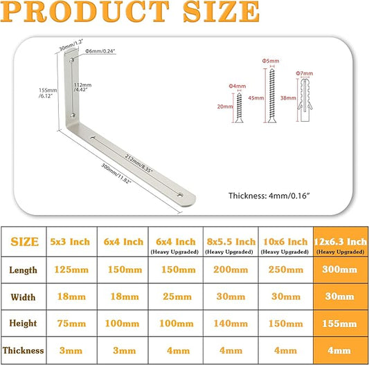 Alise Floating Shelf Brackets,L Brackets for Shelves Heavy Duty Wall Bracket Corner Brace Stainless Steel Joint Angle Brackets for Wooden Board Shelves,Brushed,12x6.3x1.2 Inch Upgraded(Pack of 4)