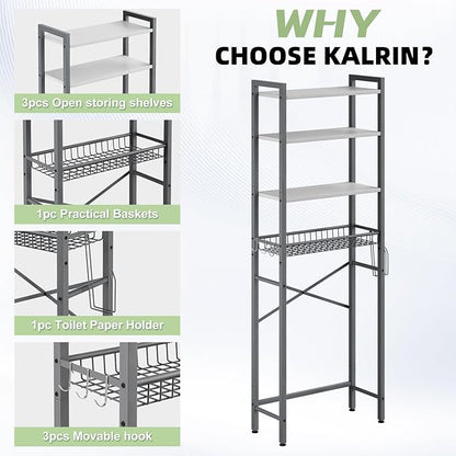 Over-The-Toilet Storage Rack, 4-Tier Bathroom Organizer Shelf Over Toilet with Adjustable Shelf and Basket, Freestanding Space Saver Bathroom Shelves Above Toilet for Room (Gray- White)