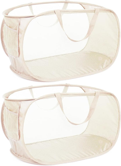 Durable Collapsible Laundry Baskets, Mesh Pop Up Laundry Hamper with Side Pocket, Foldable Clothes Hamper with Reinforced Carry Handles for Laundry, Bathroom, Kids Room, Dorm or Travel 2 Pack Beige