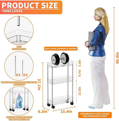 Yieach Clear 3 Tier Slim Rolling Storage Cart with Wheels,6.3″W Thin Shelf,Bathroom Storage Cabinet,Skinny Laundry Cart,Narrow Laundry Room Cart Between Washer and Dryer,Skinny Shelves for Small Space