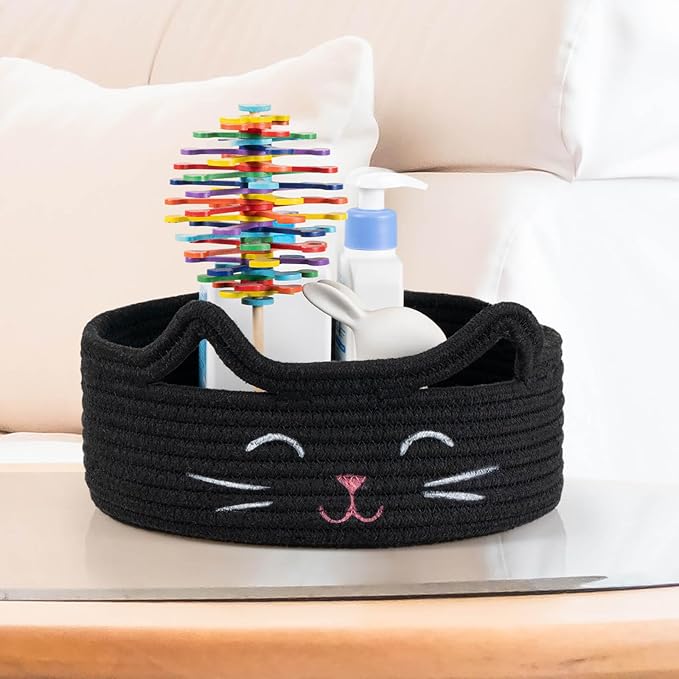 ZLG Black Cat Storage Bin Basket Toy S, Shallow Bin Basket for Table Organize, Bathroom Towel Basket, Empty Gift Bin 9.8 x 4 inches