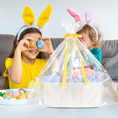 OIAHOMY 19L Woven Basket, Gift Basket Empty with Gift Bags Ribbons and Wrap Tissue Paper, Rope Baskets for Baby Showers, Storage Baskets with Handles for Nursery Pet Toy Organizer - Easter White