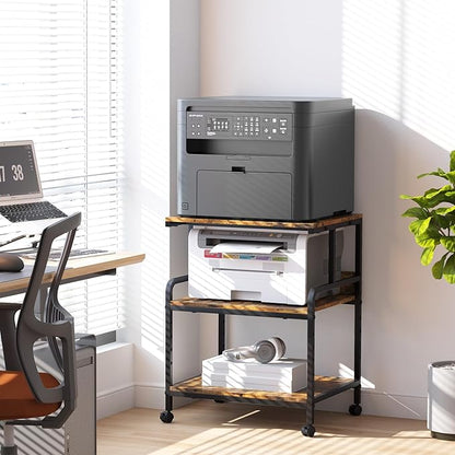 Large Printer Stand with Storage Shelf, 23.6" W x 18.9" D Printer Cart with Wheels, 3 Tier Mobile Printer Table for Home Office,Stands for Heat Press Scanner Fax (Brown)