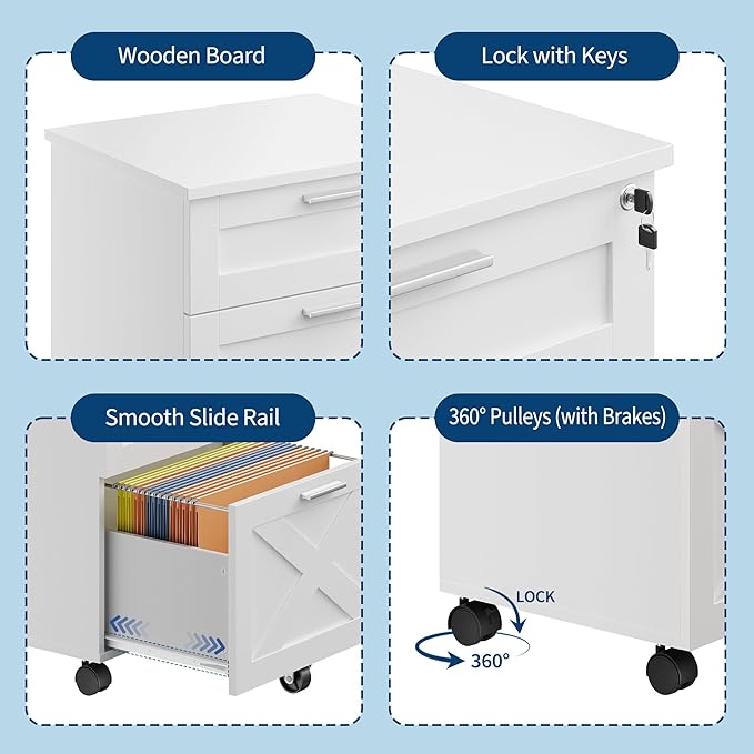 GarveeHome 3-Drawer File Cabinet with Lock, Mobile Under Desk Filing Cabinet for Home Office, Wood Storage Organizer for Letter/a4/Legal Size Documents, White