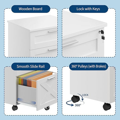 GarveeHome 3-Drawer File Cabinet with Lock, Mobile Under Desk Filing Cabinet for Home Office, Wood Storage Organizer for Letter/a4/Legal Size Documents, White