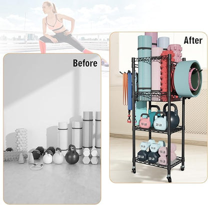 FUTASSI Home Gym Storage, 3 Tiers Workout Equipment Organizer with Wheels for Yoga Mats, Foam Roller, Dumbbells, Kettlebells, and Resistance Bands