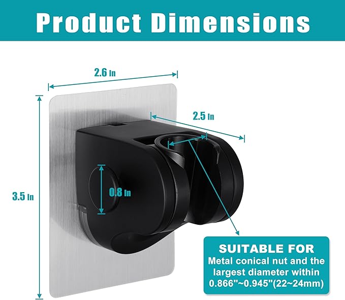 Handheld Shower Head Holder with 2 Hanger Hooks,Strong Adhesive&Waterproof No Drilling Wall Mount Shower Bracket for RV and Kids&Elders,Install Any Height&Fix Firmly,Black