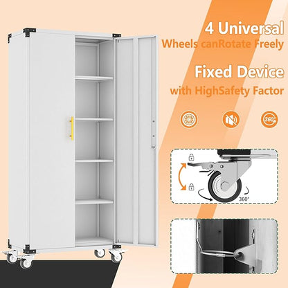 71" Storage Cabinet with 4 Adjustable Shelves, Locking Metal Tool Storage Cabinet with Wheels for Garage, Warehouse,Assembly Required, Grey