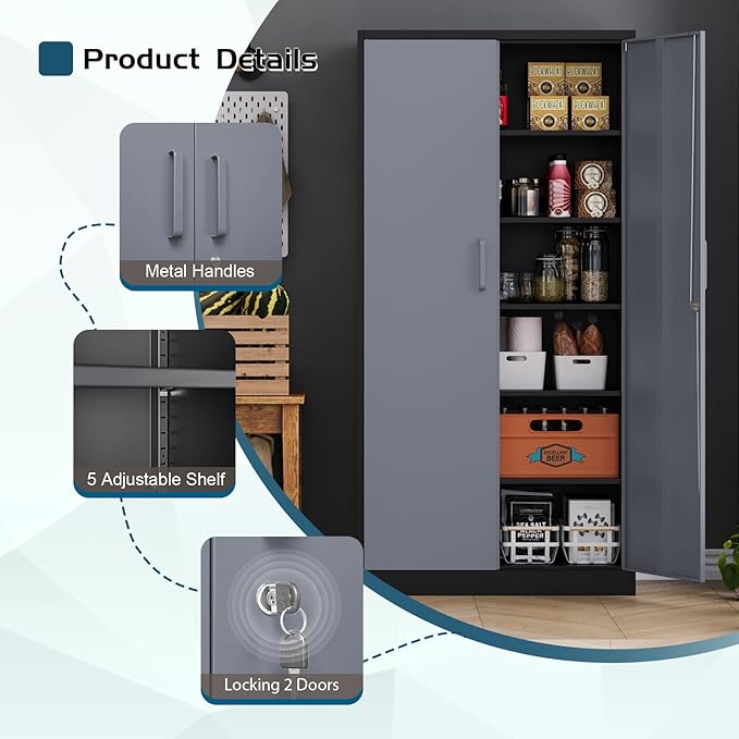 MIIIKO Metal Storage Cabinet with Locking Doors, Black Garage Storage Cabinets with 5 Adjustable Shelves
