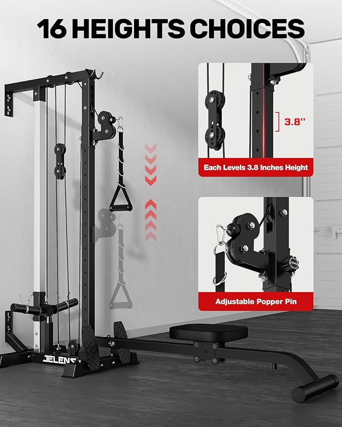 RC01 Foldable LAT Pulldown Machine with Adjustable seat, Wall Mount Cable Station with 16 Adjustable Positions, Cable Machine Home Gym 2 in 1, Functional Trainer with Rowing and LAT Pulldown