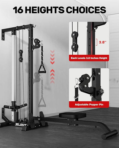 RC01 Foldable LAT Pulldown Machine with Adjustable seat, Wall Mount Cable Station with 16 Adjustable Positions, Cable Machine Home Gym 2 in 1, Functional Trainer with Rowing and LAT Pulldown