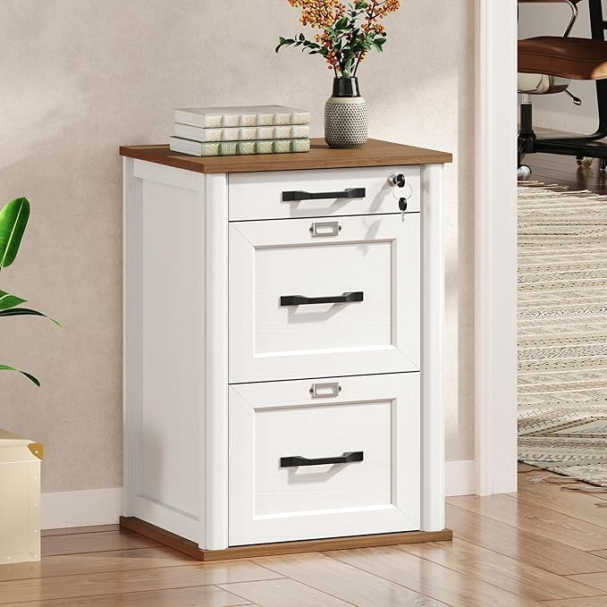 3 Drawer File Cabinet with Lock, Wooden Farmhouse Filing Cabinet with Storage Fits Letter and A4 Size, Vertical Printer Stand for Home Office, Walnut and White