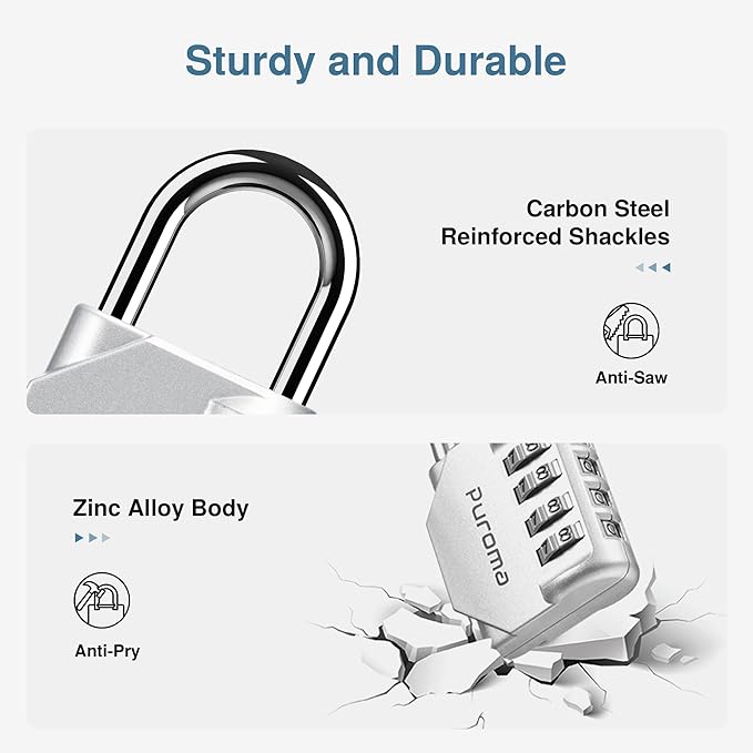 Puroma 2 Pack Combination Lock for Locker 4 Digit Outdoor Waterproof Padlock for School, Gym, Sports, Fence, Toolbox, Gate, Case, Outdoor, Hasp Storage (Silver & Black)
