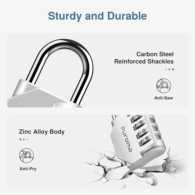 Puroma 1 Pack Combination Lock for Locker 4 Digit Outdoor Waterproof Padlock for School, Gym, Sports, Fence, Toolbox, Gate, Case, Outdoor, Hasp Storage, Cabinets (Silver)