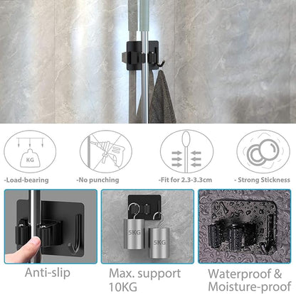 Mop Broom Holder No Drill, Mop Broom Organizer Wall Mounted Heavy Duty with Hooks Hanger, Self Adhesive Stainless Steel 4Pcs for Bathroom, Kitchen, Office (Black)