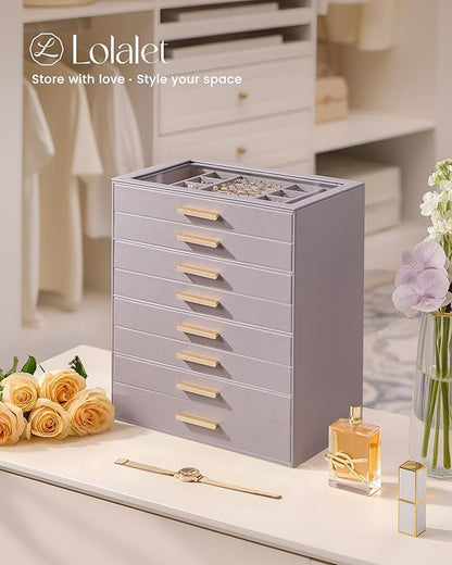Lolalet Jewelry Box Organizer, 8-Layer Jewelry Organizers and Storage Case with Glass Lid, Ring Earring Bracelet Necklace Holder Organizer, Birthday Valentine Gifts for Women Girls -8Layer, HazePurple