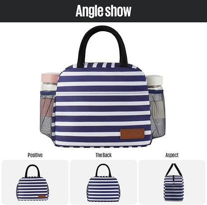 Lunch Bag Women/Men Lunch Box Women/Men (Dark blue+White Stripes)