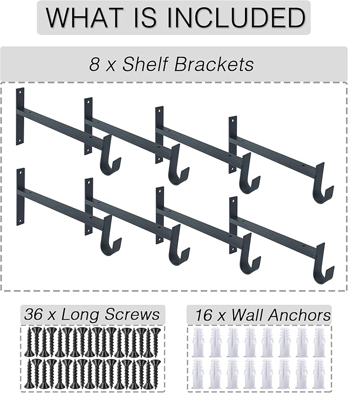 OVOV Closet Rod Bracket Heavy Duty 12 Inch Closet Shelf Brackets with Rod Holder Black Wall Mounted Closet Rod Support Brackets with Hook (8 Pack)