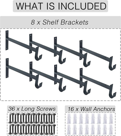 OVOV Closet Rod Bracket Heavy Duty 12 Inch Closet Shelf Brackets with Rod Holder Black Wall Mounted Closet Rod Support Brackets with Hook (8 Pack)