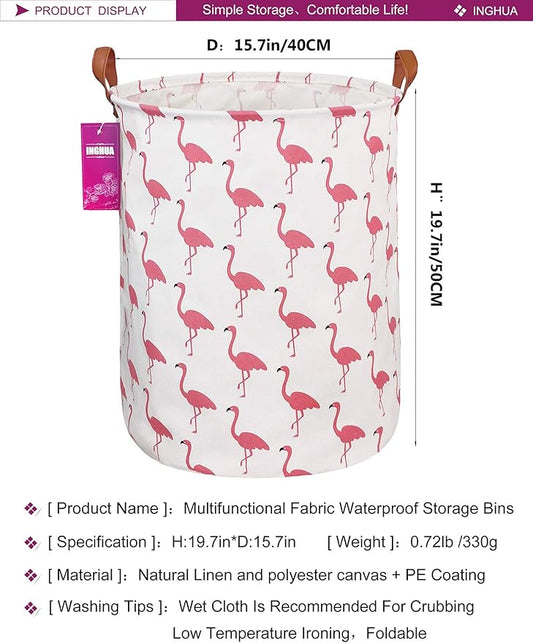 Laundry Hamper Large Canvas Fabric Lightweight Storage Basket/Toy Organizer/Dirty Clothes Collapsible Waterproof for College Dorms, Boys and Girls Bedroom,Bathroom(Flamingos)