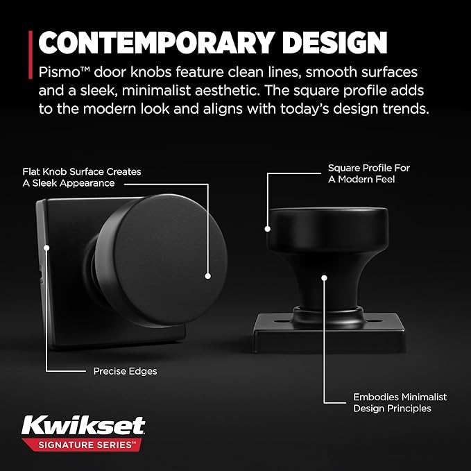Kwikset Pismo Interior Passage Door Knob,Handle for Closet and Hallway Doors,Non-Locking Doorknob in Matte Black,with Microban Protection,(Pack of 4)