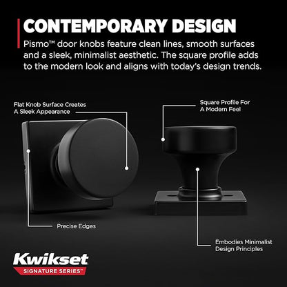 Kwikset Pismo Interior Passage Door Knob,Handle for Closet and Hallway Doors,Non-Locking Doorknob in Matte Black,with Microban Protection,(Pack of 4)
