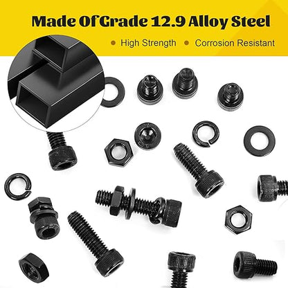 272PCS M5 Screws, Nuts and Washers Assortment kit, M5x8/10/12/16/20/25/30/35 mm Hex Socket Head Cap Bolts Assorted Set - 12.9 Alloy Steel, Black Zinc Plated Anti-Rust