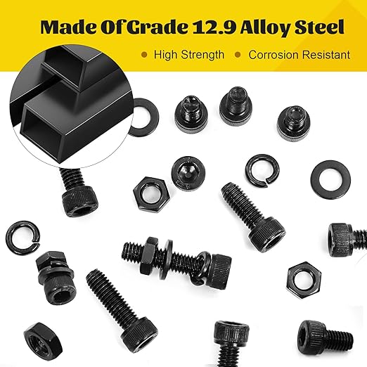 1200PCS M2 Screws with Nuts Assortment Kit, M2*4/6/8/10/12/16 mm, Hex Socket Head Cap Bolts, Nuts & Washers Assorted Set, 12.9 Grade Black Zinc Plated for 3D Printer,DIY
