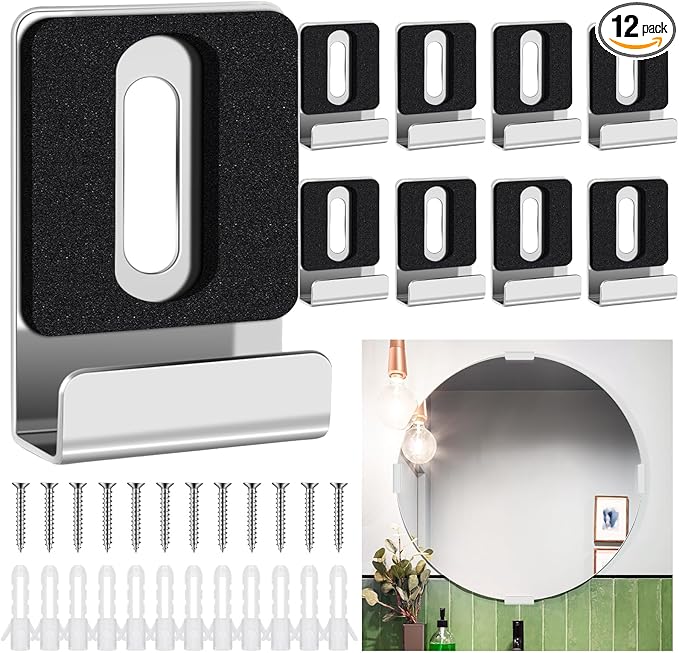 12 Pcs Metal Mirror Holder Clips for Wall Mounting Heavy Duty Frameless Mirror Hangers Hooks Hardware Mounting Clip for Wall Tile Billboard Display(Silver,1/4 Inch)
