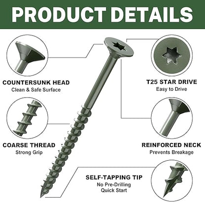 LIONMAX Deck Screws 3 Inch, Wood Screws #10 x 3, 50 PCS, Rust Resistant, Exterior Epoxy Coated, Outdoor Decking Screws, Torx/Star Drive Head Screw, T25 Star Bit Included, Green