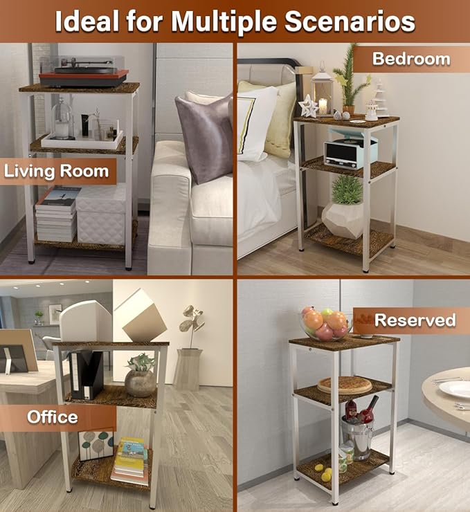 3 Tier Side Table, Heavy Duty End Table with Shelves, Narrow Nightstand Table for Small Spaces, Record Player Table for Bedroom, Living Room, Sofa Couch - Rustic Brown & White