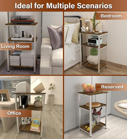 3 Tier Side Table, Heavy Duty End Table with Shelves, Narrow Nightstand Table for Small Spaces, Record Player Table for Bedroom, Living Room, Sofa Couch - Rustic Brown & White
