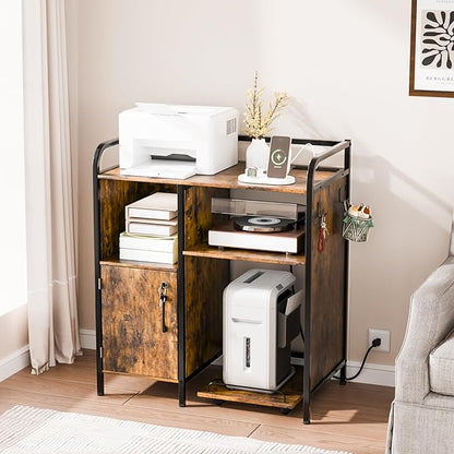 VINGLI Multifunctional Printer Stand with Trolley, Paper Shredder Stand Rack with Wheels, Lateral Office Storage Cabinets with Socket and USB Charging Port, Open Shelves for Home Office (Rustic Brown)