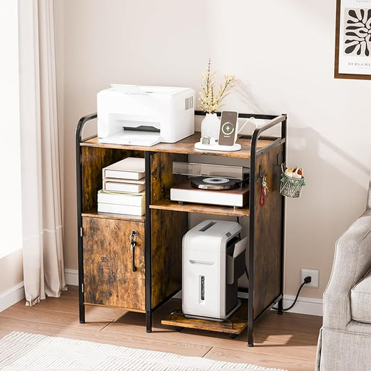 VINGLI Multifunctional Printer Stand with Trolley, Paper Shredder Stand Rack with Wheels, Lateral Office Storage Cabinets with Socket and USB Charging Port, Open Shelves for Home Office (Rustic Brown)