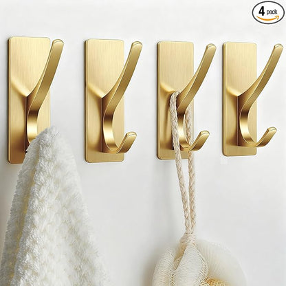Gold Self Adhesive Towel Hooks, Extra Sticky and Strong 10LB, Stainless Hook for Bathroom, 4 Pack