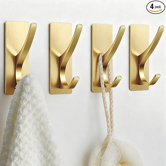 Gold Self Adhesive Towel Hooks, Extra Sticky and Strong 10LB, Stainless Hook for Bathroom, 4 Pack