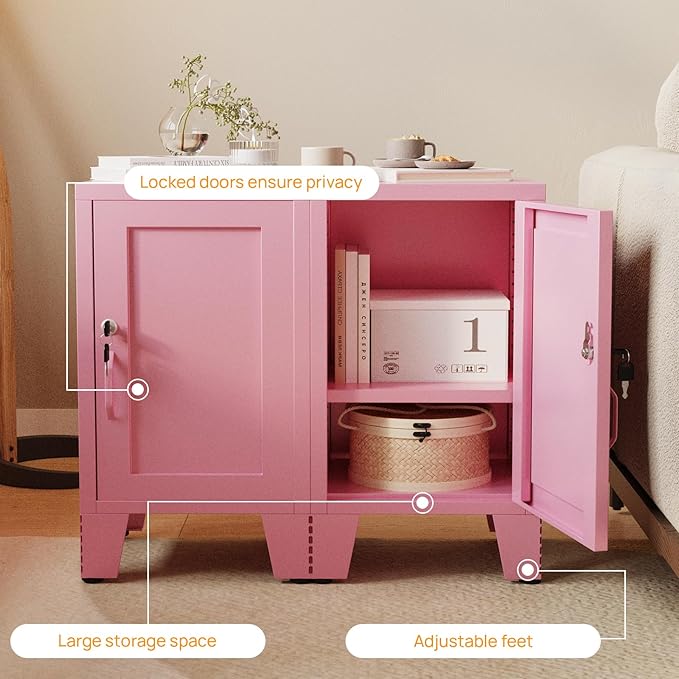 ALBAD Metal Nightstand with Lockable Cabinet, Compact Mini Locker Bedside Table for Kids & Adults, Modern Steel Side Table for Bedroom, Dorm, or Living Room (Pink)