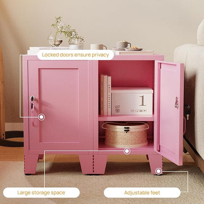 ALBAD Metal Nightstand with Lockable Cabinet, Compact Mini Locker Bedside Table for Kids & Adults, Modern Steel Side Table for Bedroom, Dorm, or Living Room (Pink)