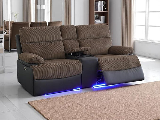 Power Reclining Sectional Sofa Sets, Corduroy Sectional Power Recliner Loveseat with Cup Holders, Blue Grey Reclining Loveseat with Cup Holder, LED Light, USB Port for Living Room, Offices