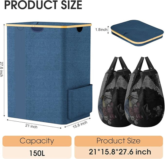 Laundry Basket Clothes Hamper with Lid and Pocket Large Collapsible Laundry Baskets with Handle, Freestanding Hampers for Bedroom Aesthetic, Dorm, Bathroom, Laundry Room (150L,Light Blue)