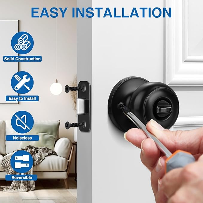 Sopoby Privacy Door Knob, 10 Pack Matte Black Round Keyless Doorknobs Interior/Exterior Lockset, Privacy Locking Door Knobs for Bedroom/Bathroom, Black Modern Design Door Hardware