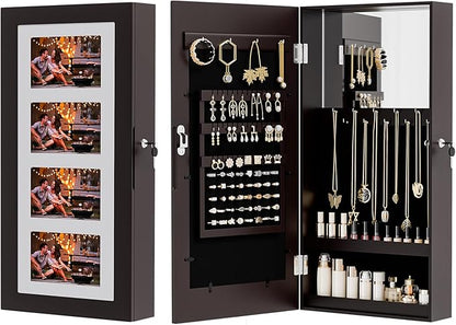 Bonnlo Jewelry Armoire with Photo Frame, Inner Mirror,23.62 x 11.81 x 3.55 inch, Key Storage Cabinet, Lockable Design,Wall Mount (dark brown)