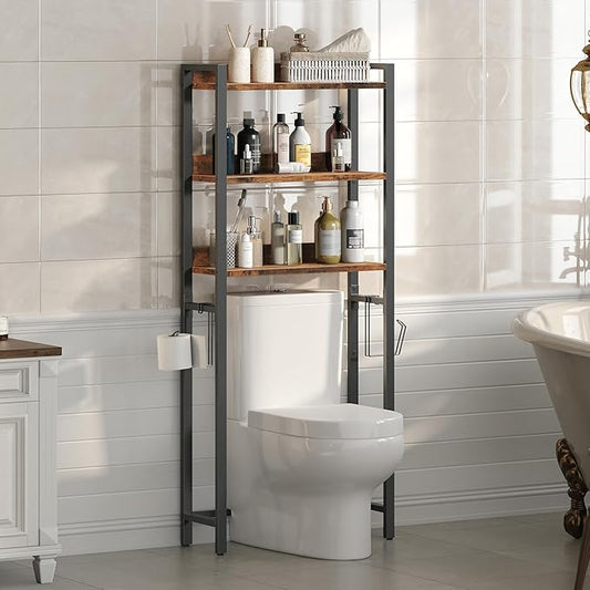 Over The Toilet Storage Rack, 3 Tier Bathroom Organizer Over Toilet, Freestanding Space Saver Toilet Stand with 2 Hooks, Bathroom Storage Shelf, Easy to Assemble, Rustic Brown TSHR6001