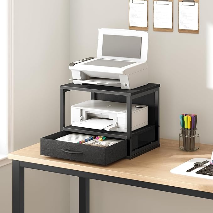 HOOBRO 2-Tier Desktop Printer Stand with Drawer, Under-Desk Printer Table with Storage Shelf, for Home Office, Kitchen, Fax Machine, Scanner, Black BB07PS01