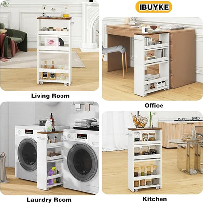 IBUYKE Slim Storage Cart 5.9" W, Rolling Organizer Trolley for Small Spaces, 4-Tier Laundry Cart with Handle, Slide Out Utility Cart for Kitchen, Living Room, Laundry,Narrow Places,White WST005W